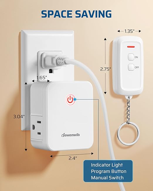 DEWENWILS Indoor Remote Control Outlet, Wireless Remote Light Switch with 2 Side Outlets, No Interference Remote Outlet Switch, No Wiring, 15A/1875W, 100ft RF Range, Compact Design, Programmable