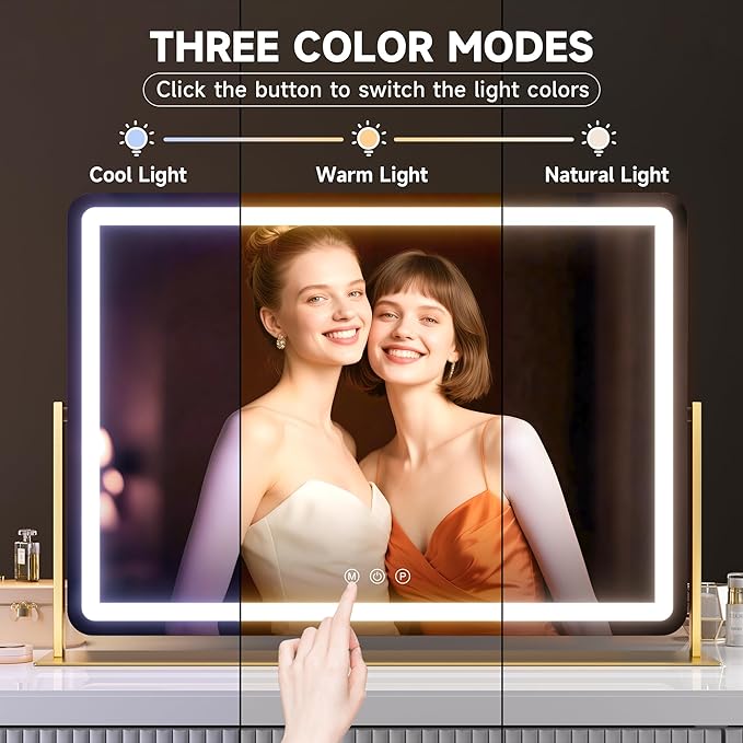 Hasipu Vanity Mirror with Lights 24" x18” -Makeup Mirror with Lights and 5X Magnification, Phone Holder, USB Charging & Smart Touch 3-Color Lighting (Gold)