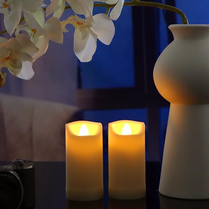 Battery Operated Plastic Flameless LED Pillar Candle with Cycling Timer, Realistic Flickering Electric Light for Indoor Outdoor Bookshelf Wedding Dinner Party Centerpiece Fireplace Decor 2 Pack