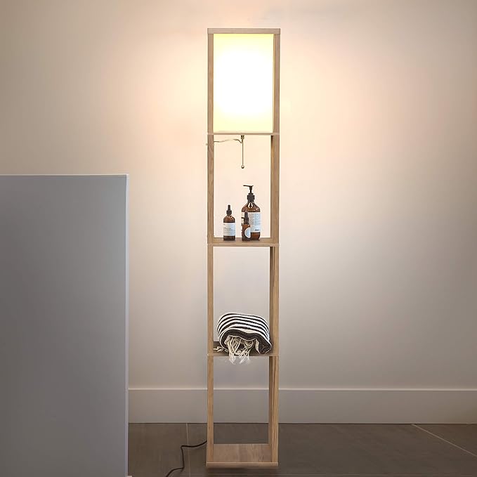 Brightech Maxwell - Modern Shelf Floor Lamp with Lamp Shade & Warm White LED Bulb, Corner Display Floor Lamp with Shelves for Living Room, Bedroom, Nightstand Office, Home Decor Storage - Rustic Wood