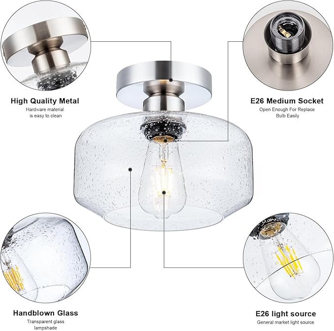 Tbaoinal Semi Flush Mount Ceiling Light Seeded Clear Glass Shade Matal Base Inclede LED Bulb, Low-Profile for Kitchen/Hallway/Entryway/Bathroom,Matte Silver