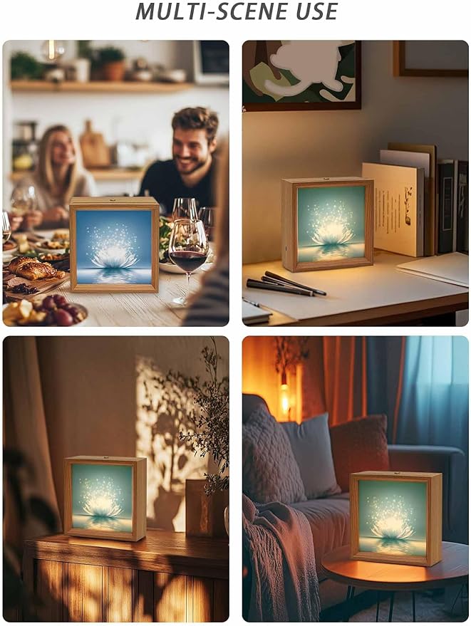 Wood Night Light Box 4.5x4.5in,Meditation Lotus Flower Table Lights Wooden Picture Frame with USB Rechargeable Touch LED Lights for Home Decor Desktop Display,Asian Zen Spiritual