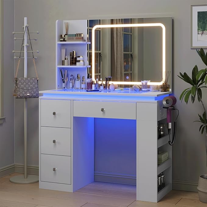 White Vanity Desk with Illuminated Mirror & Power Outlet, Bedroom Dresser LED Mirror Stepless Dimmable & 3 Color Modes Adjustable RGB Drawers, for Women Girls Bedroom（Pure White