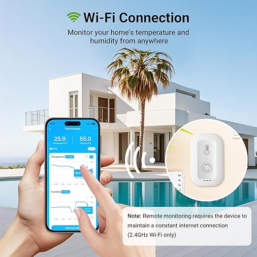 WiFi Thermometer Hygrometer, Smart Humidity Temperature Sensor with App Notification Alert, Data Storage, Remote Monitor for Room, Nursery, Greenhouse, Humidor, Wine Cellar