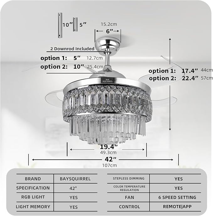 Retractable Crystal Ceiling Fan with Lights, Bluetooth Ceiling Fan with Speaker, 6-Speed Reversible Blades, RGB-LED Light, Remote & APP Control Crystal Chandelier for Bedroom Living Room 42"