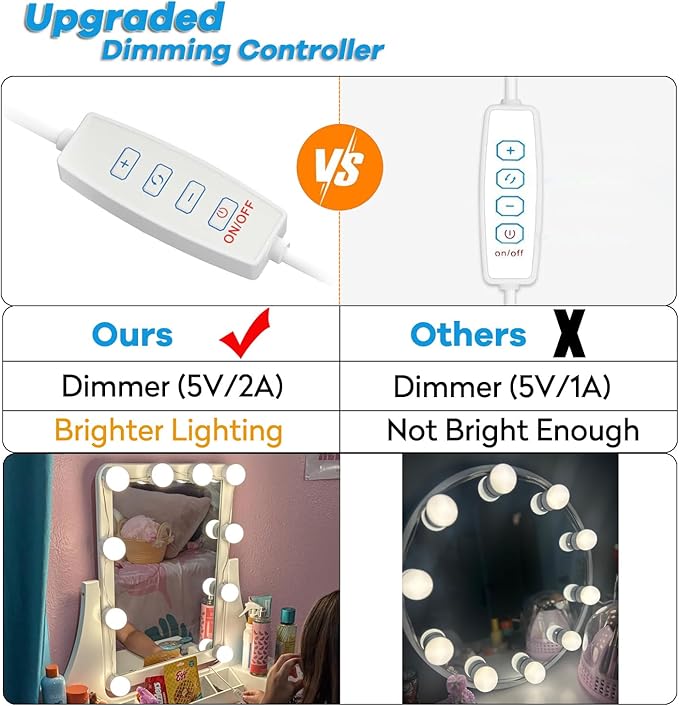 LED Vanity Lights for Mirror,10 Dimmable Bulbs,3000K 4500K 6500K & Brightness Adjustable,Hollywood Mirror Lights for Makeup Dressing Room