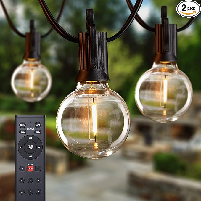 Brightown Outdoor String Lights with Remote, 2 Packs Each 38Ft 15 LED Patio Lights Outdoor Waterproof, String Lights for Outside, Dimmable Hanging Lights for Porch Balcony Bistro Cafe