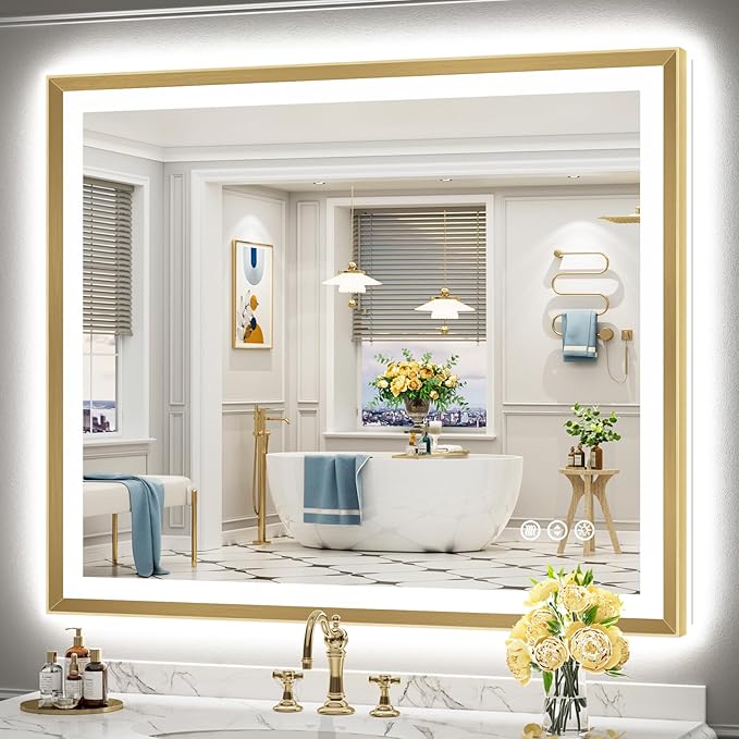 48x40 Gold Beveled LED Bathroom Mirror with Lights, Brushed Gold Framed Backlit and Front Lit Anti-Fog Lighted Vanity Mirrors for Bathroom Wall, Dimmable, 3 Colors, Memory, HD Tempered Glass
