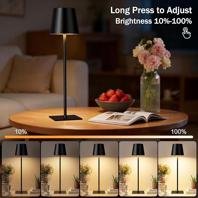 Black Cordless Rechargeable Table Lamp, 4 Pack Portable Desk Lamp with 5000mAh Battery, Touch Control Stepless Dimming, Wireless Night Light for Dining, Outdoor Camping, Coffee Shop, Waterproof Design