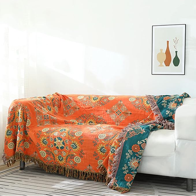 Throw Blanket for Couch Bed Chair,100% Cotton Soft Lightweight Blanket Rustic Quilt -Orange Floral Printed Farmhouse Decor Bed All Season Blankets,90"×98"