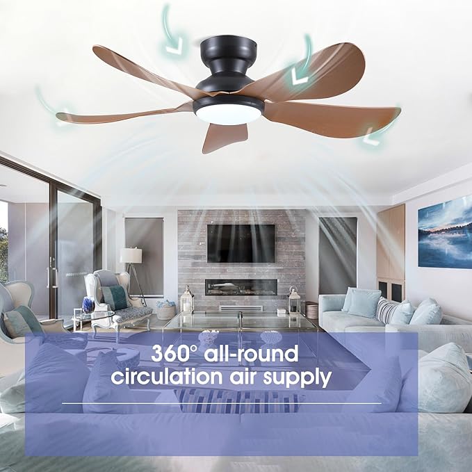 46 Inch Modern Ceiling Fans with Lights, Flush Mount Ceiling Fan, Remote/APP Control, 5 Reversible Curved Blades, 6 Speeds, 3 CCT Dimmable LED Lights for Bedroom Kids Room, Brown