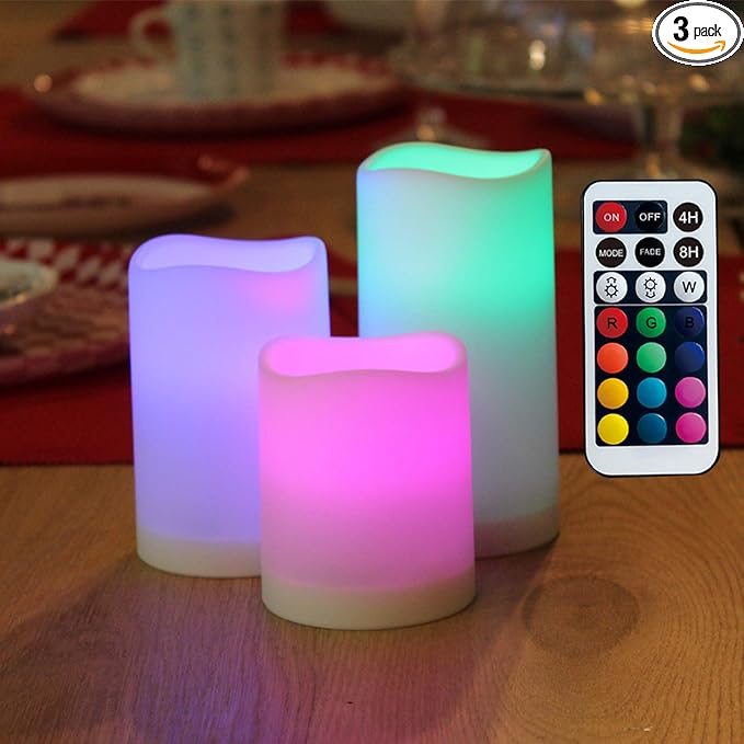 WRalwaysLX Flameless Candles with Timer, Color Changing LED Candles with Remote Control,Battery Candles Outdoor and Indoor Home Decor, Set of 3, 2.5" D X H3/4"/5" by 3AAA Batteries(not Included)