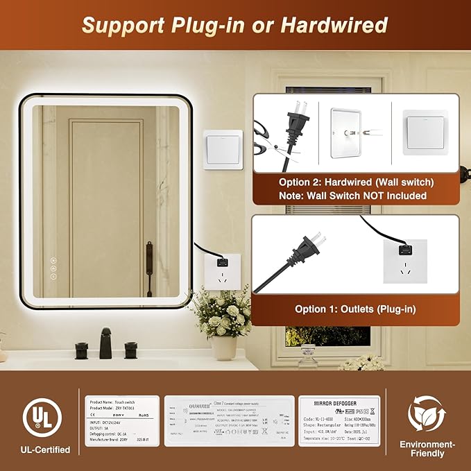 32x40 Inch Black Framed LED Bathroom Mirror with Lights, Built-in Bluetooth Speaker,Tempered Glass,Dimmable Lighted Bathroom Vanity Mirror with 3 Colors, Backlit + Frontlit, Memory, Anti-Fog