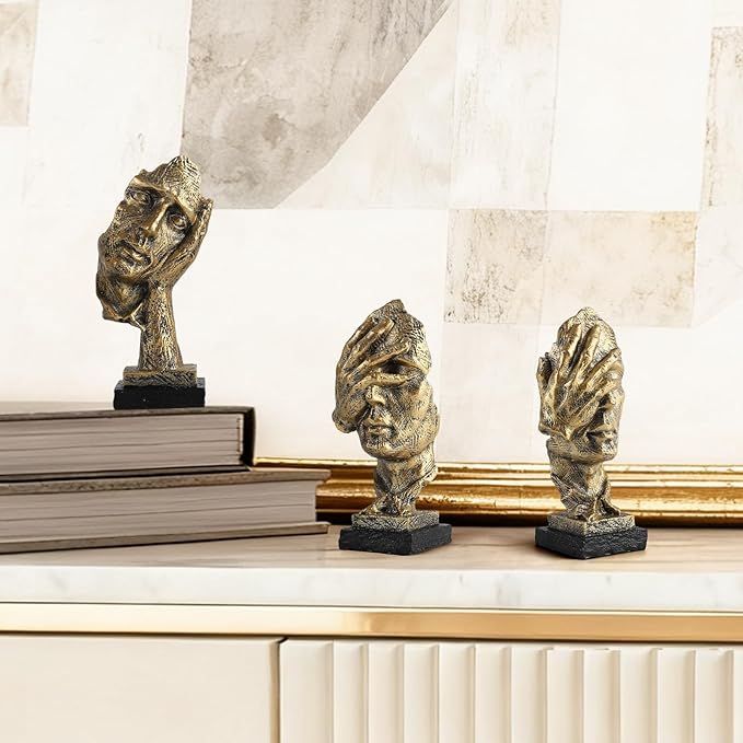Modern Living Room Decoration - Gold Abstract Sculpture Decor for Shelves, Thinker Statues Set of 3, Resin Face Knick Knacks Home Decor for Office Bookshelf, Table, Gift for Friends