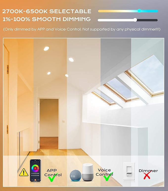 CLOUDY BAY [4 Pack] 6 inch Gimbal Smart WiFi LED Recessed Lights,RGBCW Color Changing,Compatible with Alexa and Google Home Assistant,No Hub Required,15W 2700K-6500K, IC Rated