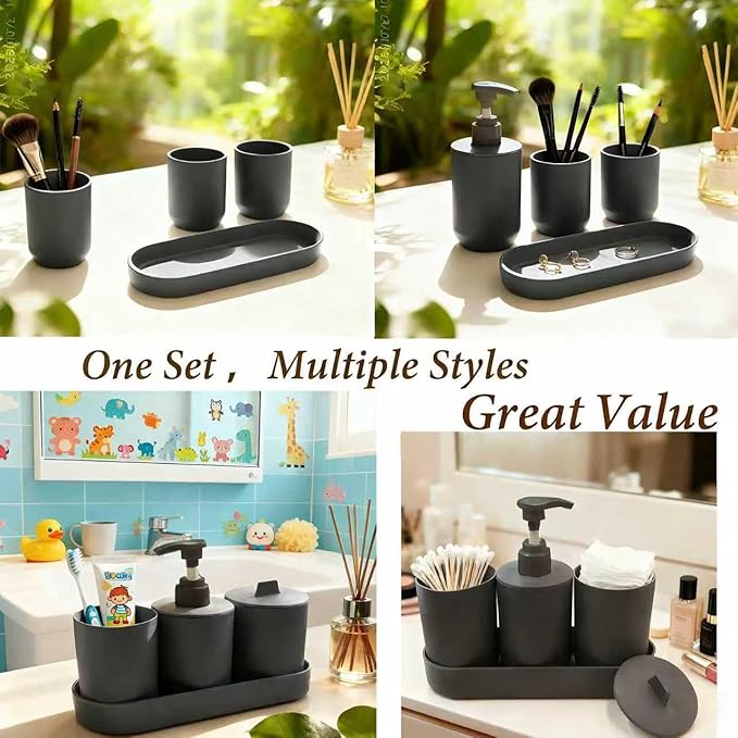 4-Piece Bathroom Accessory Set, Dark Gray Plastic Home Organizer with Toothbrush Holder, Lotion Soap Dispenser, Qtip Holder & Vanity Tray – Modern Home Decor for Any Bathroom