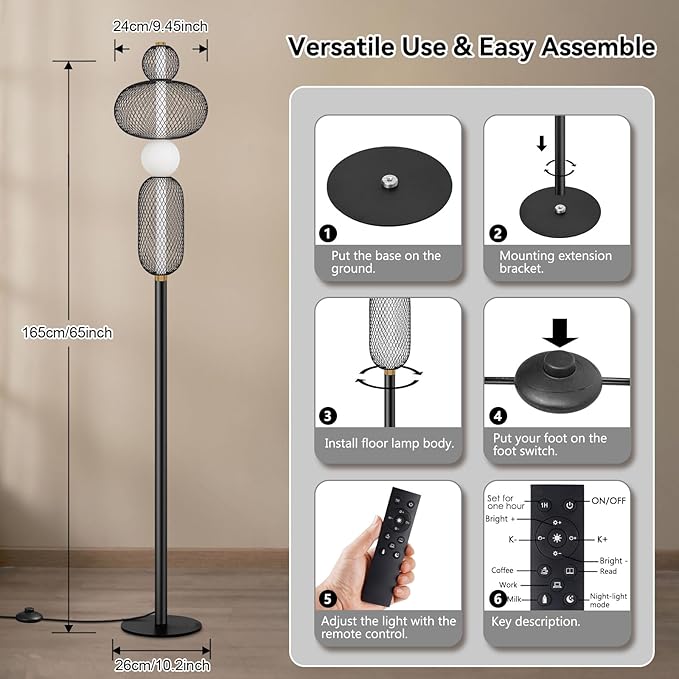 NUÜR LED Dimmable Floor Lamp with Remote & Foot Switch, Adjustable Color Temperature & Stepless Dimming, Modern Industrial Mesh-Shade Tall Standing Lamp, Black Corner Lamp for Living Room Bedroom