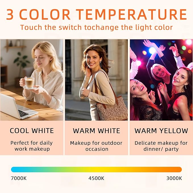 FENCHILIN Vanity Mirror with Lights, 22" x 19" Backlit + Front Lit Hollywood Makeup Vanity Mirror LED Strip with 3 Colors Modes Smart Touch for Dressing Room & Bedroom White