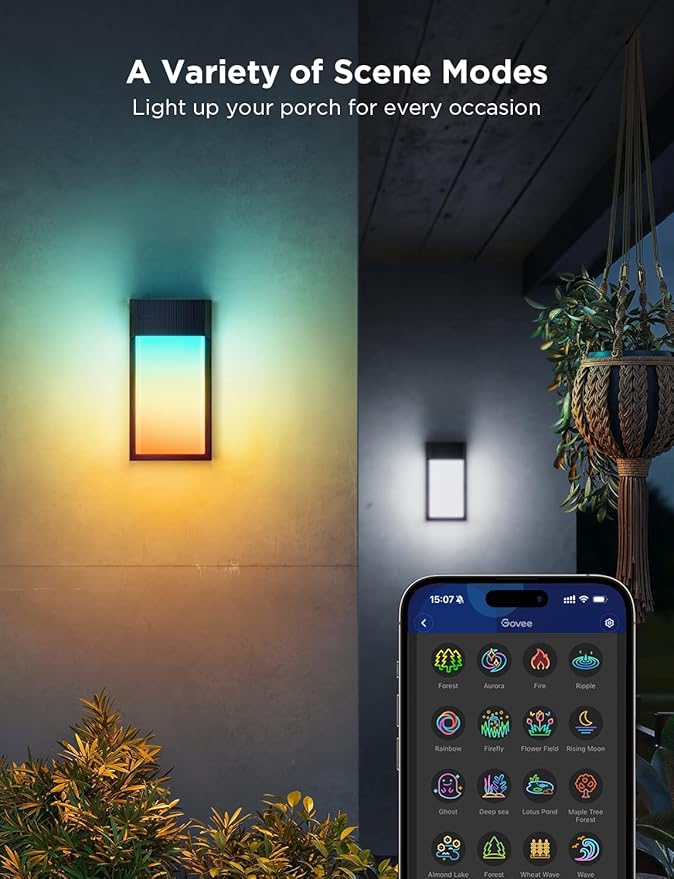 Govee Outdoor Wall Light, 1500LM Smart RGBIC Porch Lights Outdoor with 45 Scene Modes, IP65 Waterproof for Outdoor Decor, DIY, Wall Sconce Works with Alexa, Google Assistant and Matter, 2 Pack