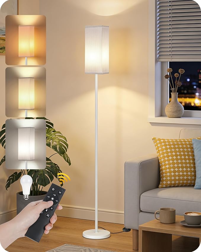 64.2'' Dimmable Floor Lamp for Living Room with Remote and Foot Switch, Corner Floor Lamp for Bedroom, Includes 10W A19 Bulb, Modern Standing Tall Lamp, ETL Listed, White WCW17LD05