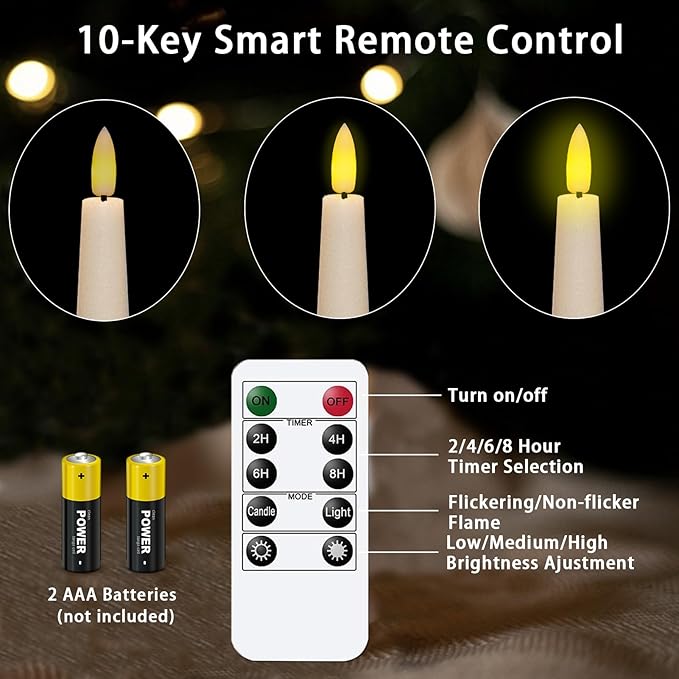 Upgraded Real Wax LED Flameless Taper Candles with Remote, KSWING Ivory Candlesticks Battery Operated 3D Flickering - 2 PCS 9.6” Long Realistic Fake Candle Sticks for Home/Wedding/Fireplace Xmas Decor
