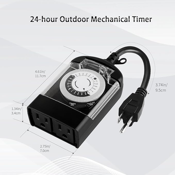 Outdoor Timer Outlet Waterproof, 24 Hour Mechanical Timer Outlet for Home and Garden, 2 Grounded, 15A 3/4HP, Black, 1 Pack