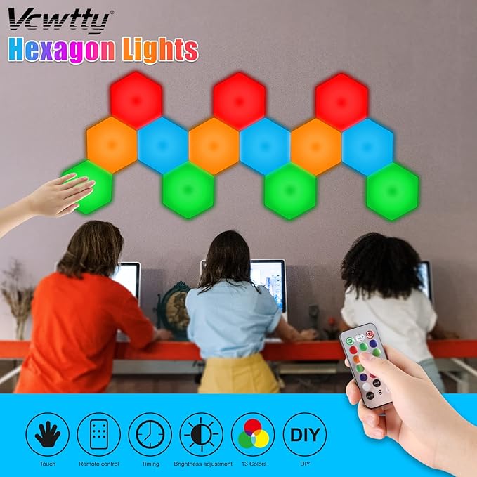 Hexagon Lights, Smart LED Wall Lights with Remote, 13 Colors Touch-Sensitive DIY Modular Assembled RGB Wall Panels, Hex Light with USB-Power for Autism, Game Room Decor, Party (10 Pack)