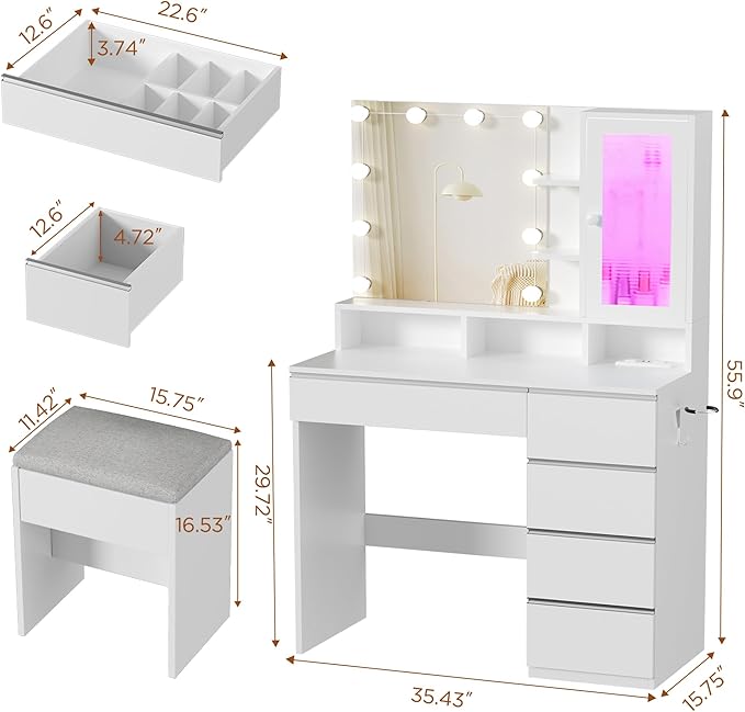 Vanity Desk with LED Lights Mirror, 35.43" Modern Makeup Table with 6 Storage Drawers & Stool for Ladies and Girls, RGB Light Makeup Desk with Power Outlet for Bedroom Dressing Room, White