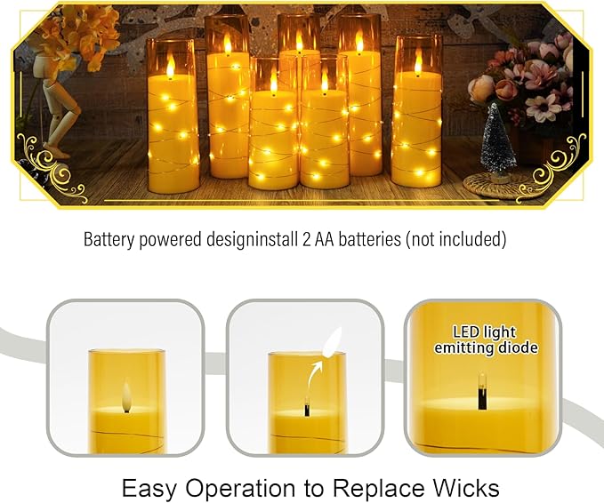Flameless Candles with Embedded Star String, Battery Operated LED Pillar Candles with Timer and Remote Control,Home Decorating for Ambiance， Set of 7 (Gold)
