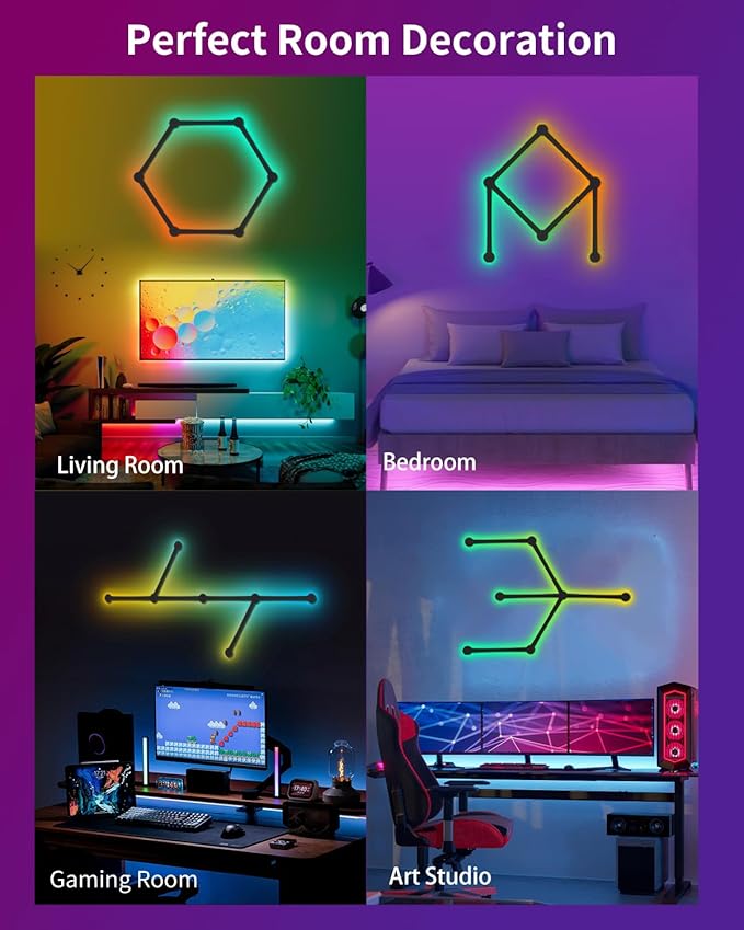 Smart LED Wall Lights, Music Sync Voice Control DIY RGB Light Bar with 16M+ Color & 44+ Scenes, Dimmable Home Decor Wi-Fi Wall Light for Gaming Room TV Bedroom (6 Lines)