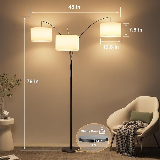 36W RGB Arc Floor Lamp with 3 White Fabric Shades, 3000LM Super Bright Standing Lamp with Remote Control & Touch, Stepless Dimming, Individual Light Control for Living Room, Bedroom