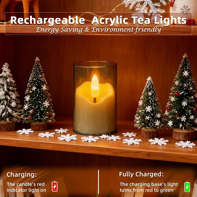 Rechargeable Gray Acrylic Flameless Tea Light 1.7"x2.5" with Remote Control & Timer, Flickering Warm White LED Votive Candles for Home, Wedding, Holiday Decor (Pack of 6)