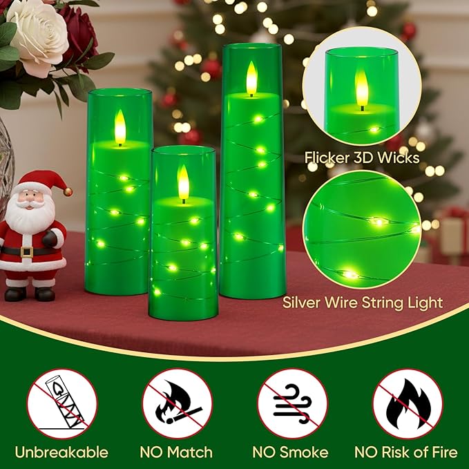 Raycare St. Patrick's Day Flameless Candle with Remote Timer – 9 Flickering Acrylic Battery Operated LED Pillar Candles with Embedded Star String for Home Decor, and as a Gift(Green)