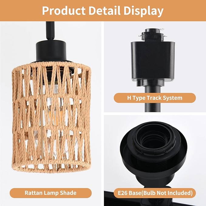 4-Pack H Track Light Heads, Modern Rattan Track Lighting Fixtures for H Type Single Circuit Tracks Rails, Adjustable Track Light Fixtures, E26 Track Light Ceiling Modern for Kitchen, No Bulb