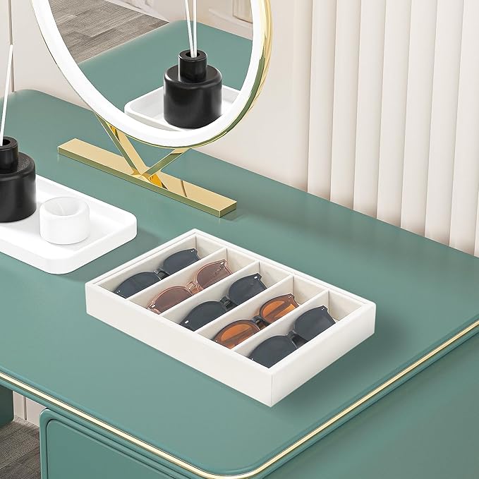 Bedside Organizer - Multi-use Holder for Desk Drawer, Nightstand, Desktop - Catchall Tray for Jewelry, Sunglasses, Phone, Watch, Perfume, Lipstick (Beige 5Grid)