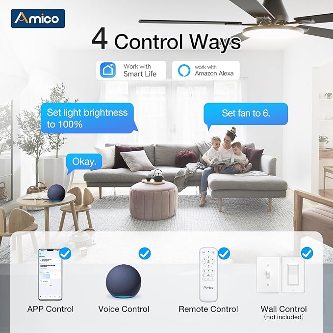 Amico Ceiling Fans with Lights, 52 inch Smart Ceiling Fan with Remote/APP/Alexa Control, Flush Mount, Reversible DC Motor, 5 Blades, 6 Speeds, 3CCT, Dimmable, Noiseless, Bedroom, Living Room, Black