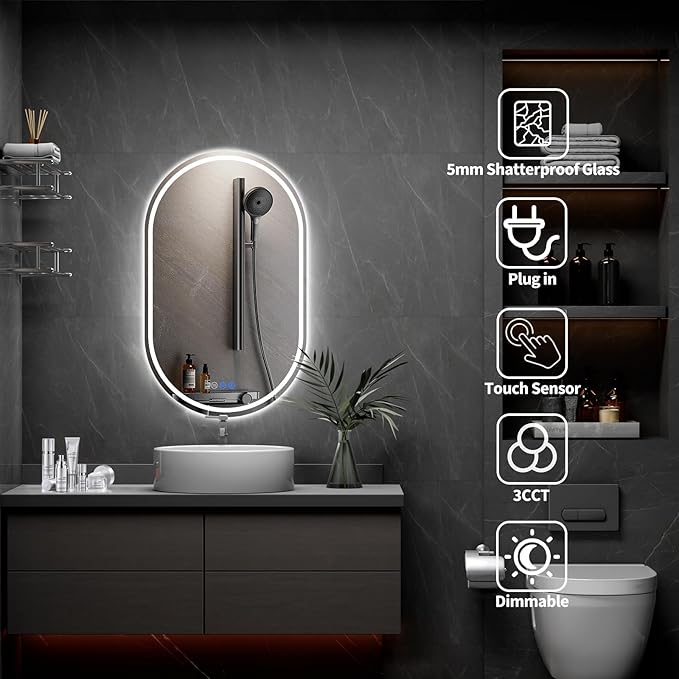 Oval LED Bathroom Mirror, 24"x 48" Frameless LED Mirror with Front Light and Backlit, Anti-Fog, Dimmable Modern Wall Mounted Lighted Mirror，Pill-Shaped Smart Mirror Bathroom