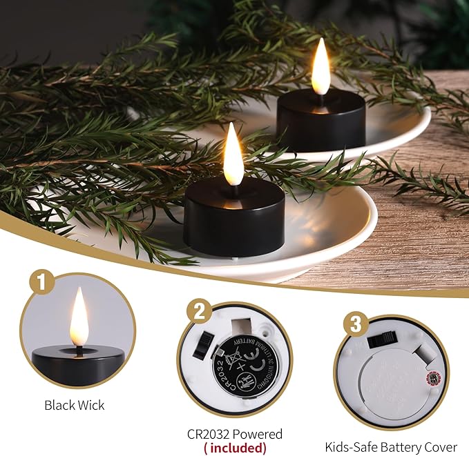 Eywamage Black Flameless LED Tealights with Timer, Flickering Battery Operated Tea Lights Votive Candles Set of 12