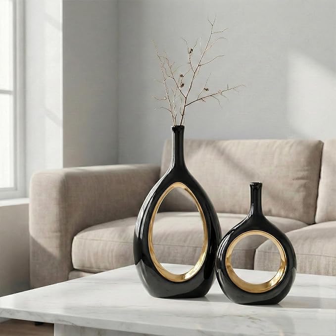 Black and Gold Vase Ceramic Black Vases Home Decor,Modern Minimalist Circle with Hole Decorative Vase, Hollow Ellipse Flower vases for Bookshelf, Fireplace Mantle, Centerpieces,Farmhouse,Rustic Décor