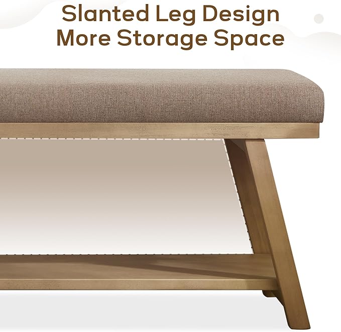 45" Entryway Bench Upholstered Storage Bench for Bedroom Shoe Rack Bench for Living Room, Hallway, Mudroom, Balcony, Sturdy Indoor Bench Seat Holds Up to 300 lbs (Brown)