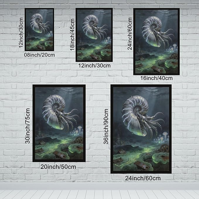 Framed Steampunk Mechanical Nautilus Wall Art - Underwater Industrial Poster for Man Cave Studio Decor 08x12in