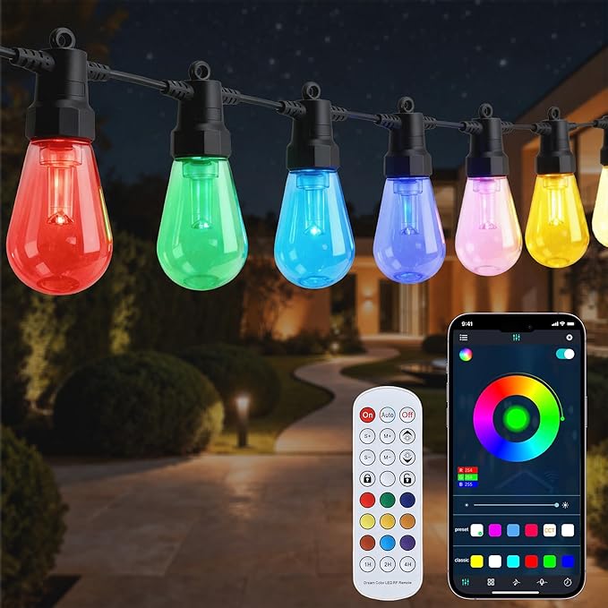 Smart Outdoor String Lights, 100FT (50FT*2) RGB Color Changing Patio Lights with Timer, 21-Key RF Remote and Bluetooth, IP65 Waterproof Shatterproof LED Lights for Backyard Balcony Garden Party Decor