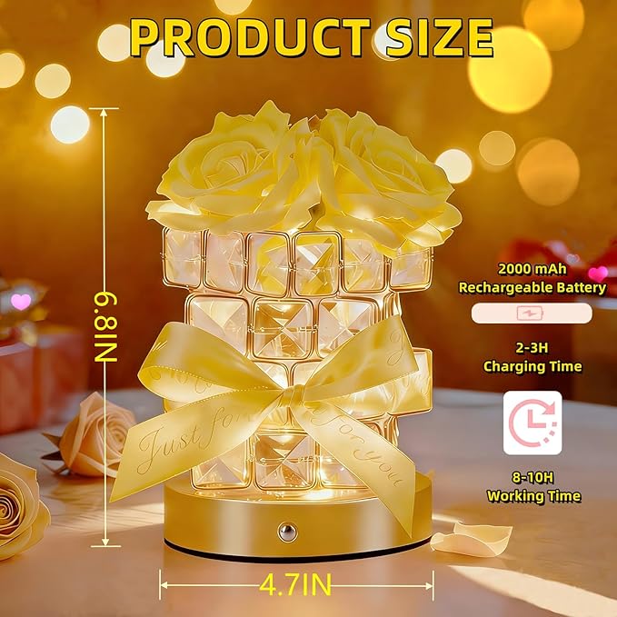 Rose Flower Lamp,Rechargeable Cordless Touch Table Lamp for Bedroom,3-Colour Dimming Flowers Night Light,Crystal Bedside Lamps with USB Charge,Birthday Valentine's Day Gifts for Women,Mom,Wife,Her
