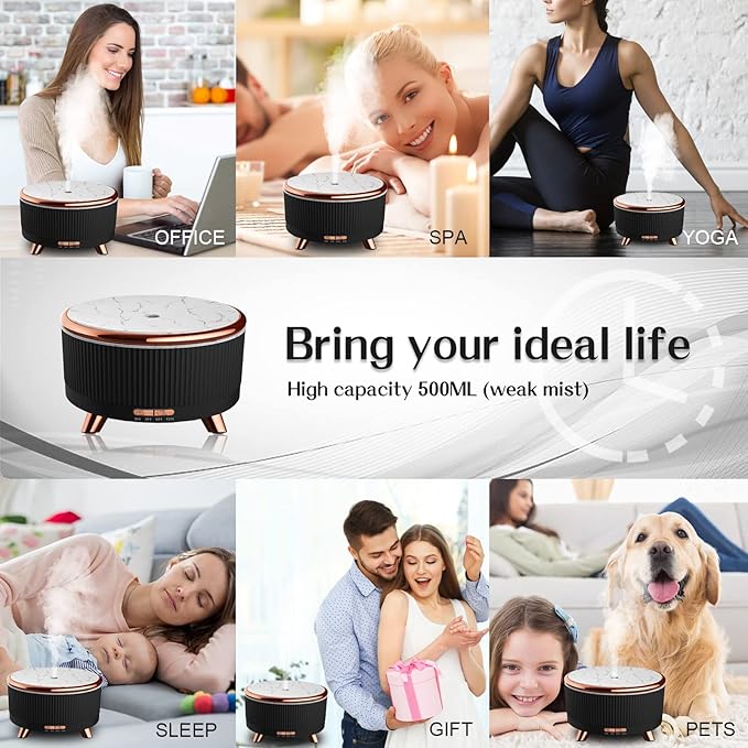 Essential Oil Diffuser for Home with 6 Essential Oils Set,500ml Diffuser with R/C 7 Colors Light & 3 Mist Mode Automatic Shut-Off,Aromatherapy Diffusers for Home,Office,Yoga,Spa,Gift