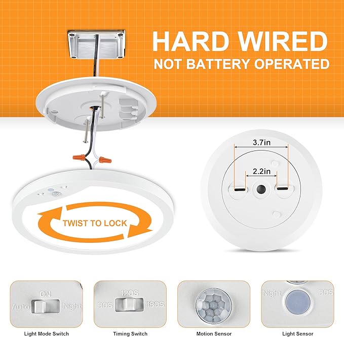 2-Pack 20W Motion Sensor Ceiling Lights Hard-Wired, 9Inch Indoor Motion Activated LED Ceiling Light Fixtures with 3 Modes, 4000K Flush Mount Lights for Closet Stairwell Hallway, NOT Battery Operated