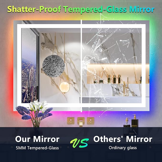 48x38 Inch RGB LED Bathroom Mirror Front Light and RGB Backlit Lighted Vanity Mirror for Bathroom Wall Mounted Dimmable Anti Fog Memory Shatter-Proof IP54 Waterproof Horizontal/Vertical