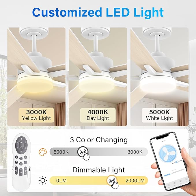 52” Smart Ceiling Fan with Lights Remote,Voice Control via Alexa Google WIFI App,Ultra Quiet DC Motor,Outdoor Indoor Modern Ceiling Fans,6-Speed for Bedroom Patio Porch,White and Wood Color