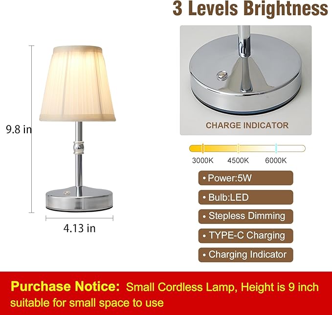 3000 mah Battery lamp,5W LED Small Touch Lamps,3 Color Temperature Dimmable Rechargeable Lamp,Cordless Lamp for Kitchen,Mini Lamps for Small Spaces (Chrome,2 Pack)