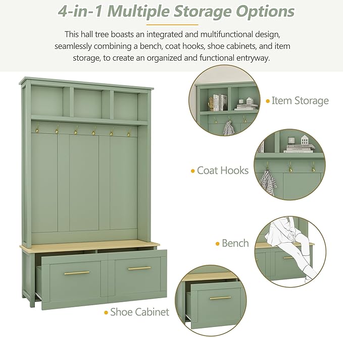 Merax Versatile 4-in-1 Hall Tree with 6 Golden Hooks, Wood Grain Bench with Multiple Storage Space, Entryway Coat Rack with 2 Drawers for Living Room, Hallway, Mint Green