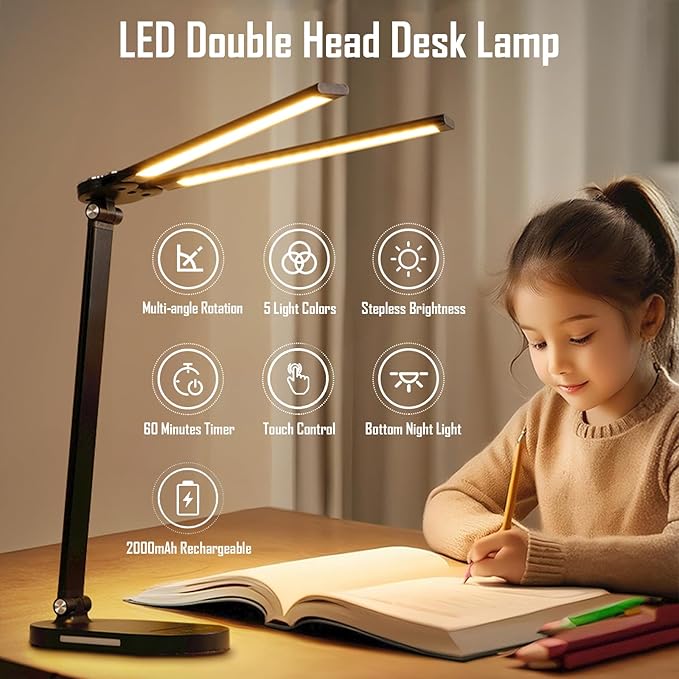 LED Double Head Desk Lamp with Night Light, 5 Color Temp, Slide Steplessly Adjust Brightness, 60 min Timer, Touch Control, Foldable Table Light for Working, Reading (Black Rechargeable)